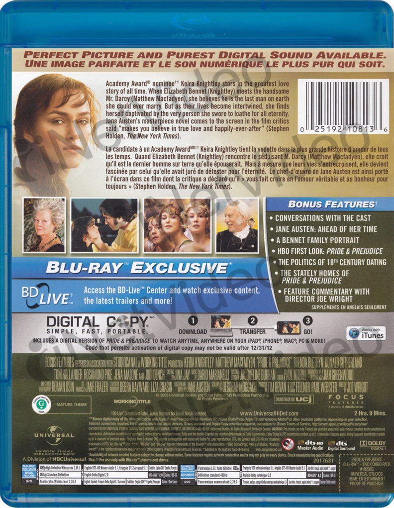 Pride & Prejudice (Blu-ray + DVD + Digital Copy) (Blu-ray) (Bilingual ...