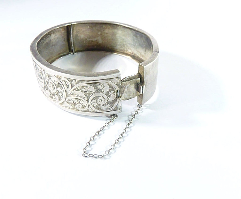 Victorian Sterling Silver Cuff Bangle With Safety Chain