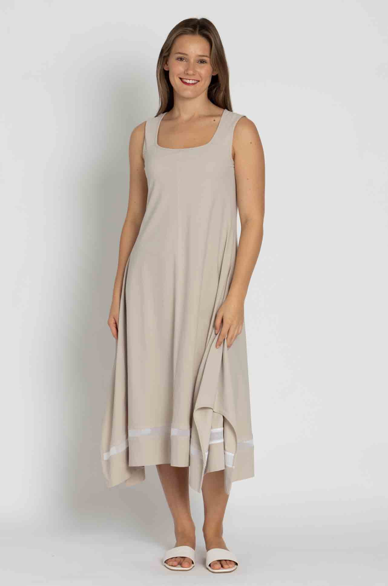 Paula Ryan - Mesh Trim Trapeze Dress in Sand / White