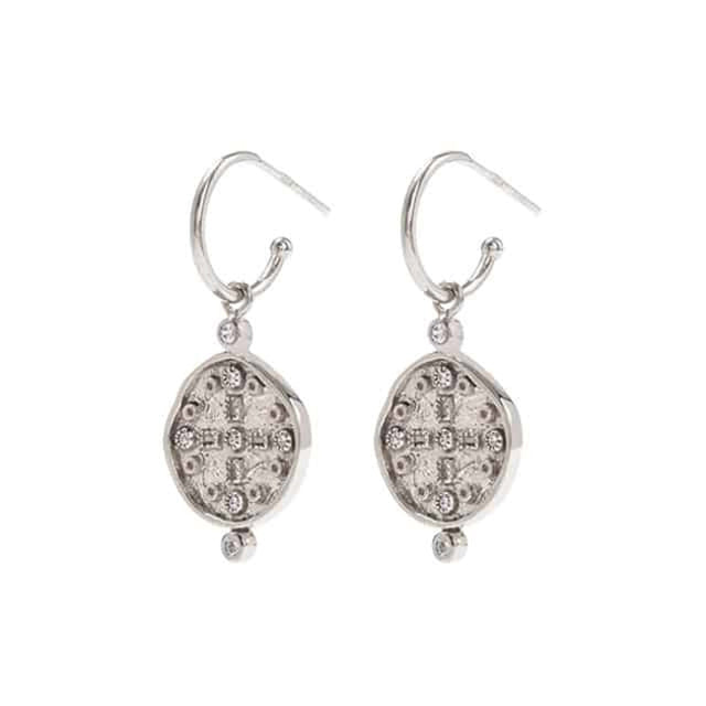 Nicole Fendel - Cross Of The Earth Coin Huggie Earrings in Silver