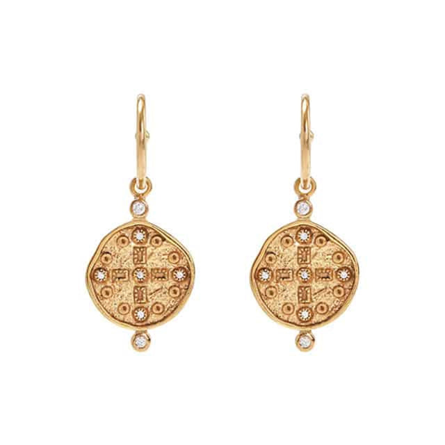 Nicole Fendel - Cross Of The Earth Coin Huggie Earrings in Gold