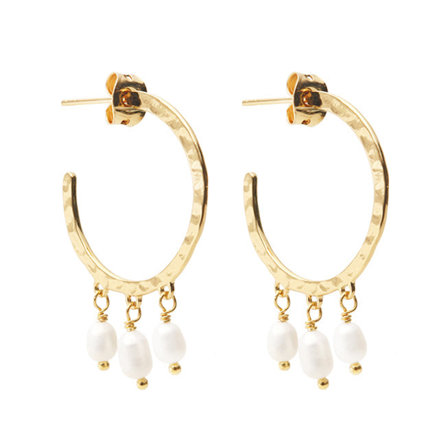 Nicole Fendel - Peace Freshwater Pearl Hoop Earrings in Gold