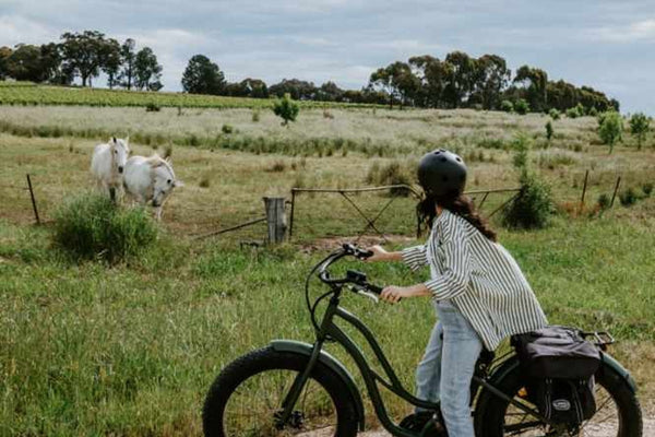 Girl on an ebike looking at two white horses in a paddock