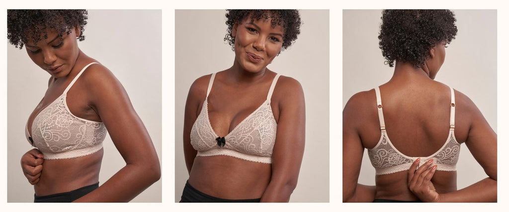 Champagne Lace Gloria bra side view, front view and back view of the bra on model