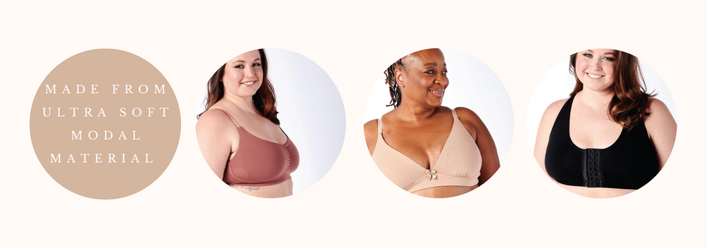 "made from ultra soft modal material" and three images of women in AnaOno bras