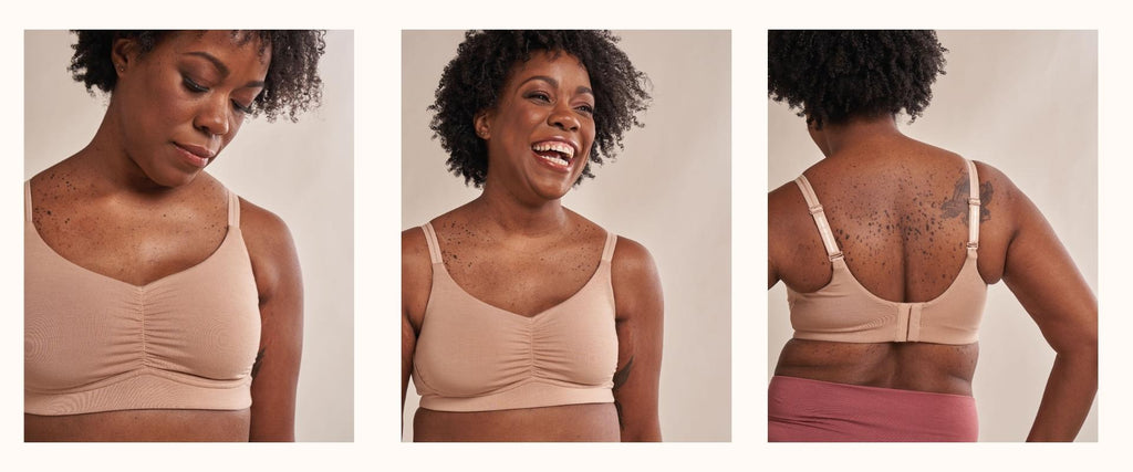 Three images of the monica sand bra on model