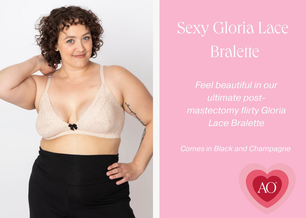 Gloria lace bralette valentines day blog post image of model wearing the bra and a description of the bra next to the image