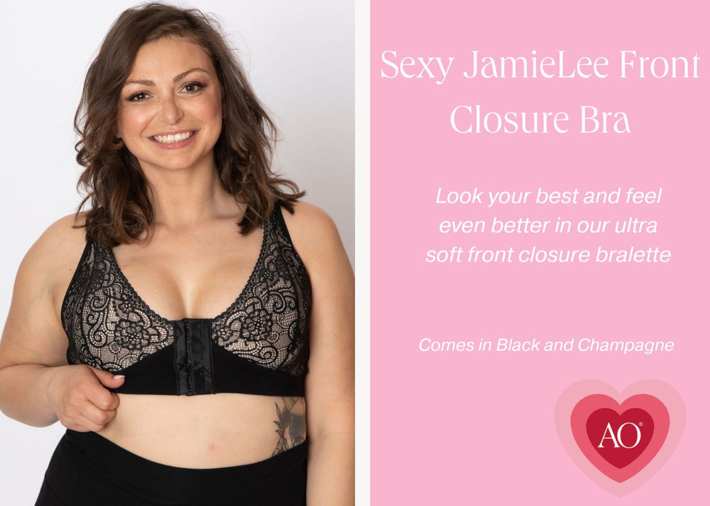 JamieLee Lace Front Closure bra on implants model on the left, on the right is the description of the product