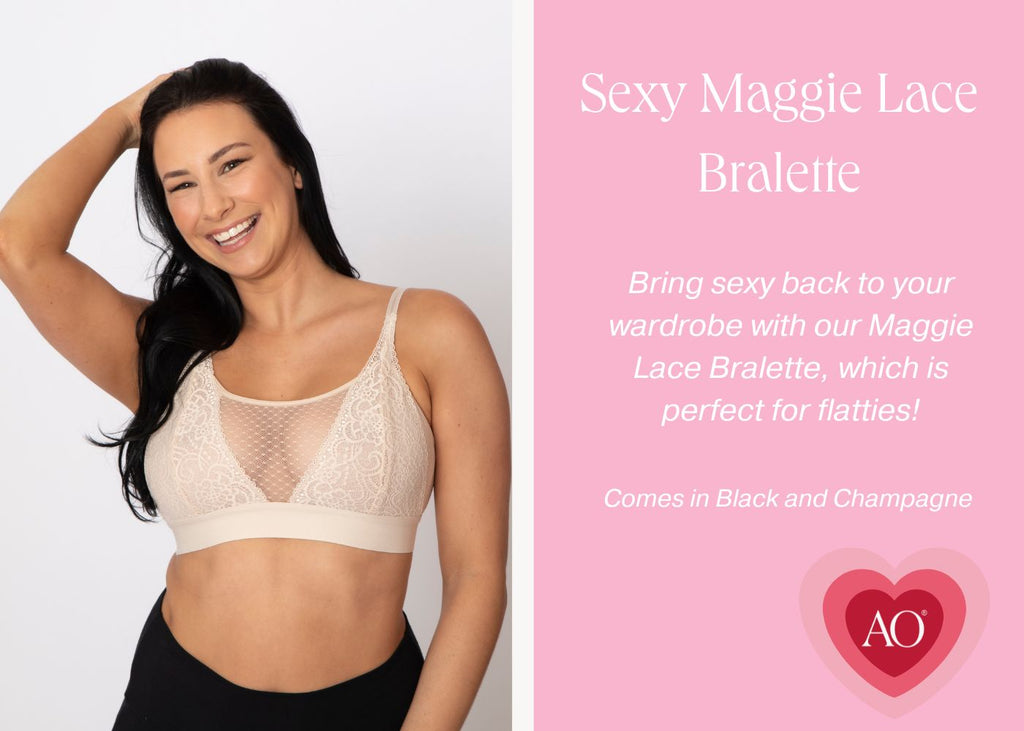 maggie lace bralette on au natural model on the left with the description of the Maggie on the right