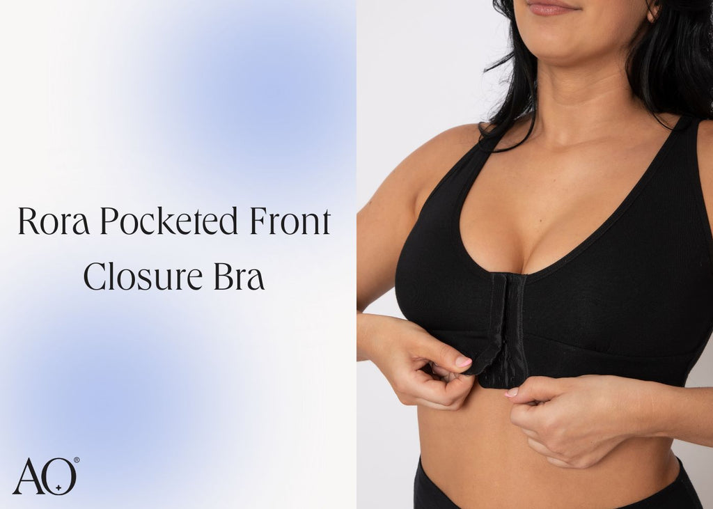 rora pocketed front closure bra with model unclipping the front hooks to show how bra functions