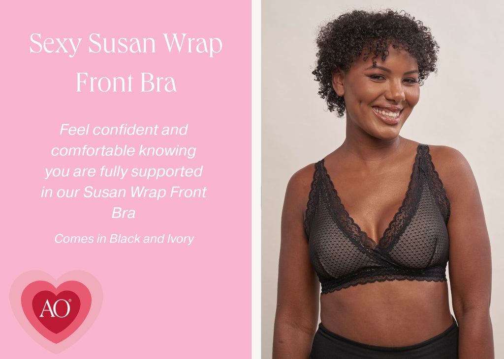 Sexy Susan wrap front lace bralette on implant model with the description of the bra next to the image on the left