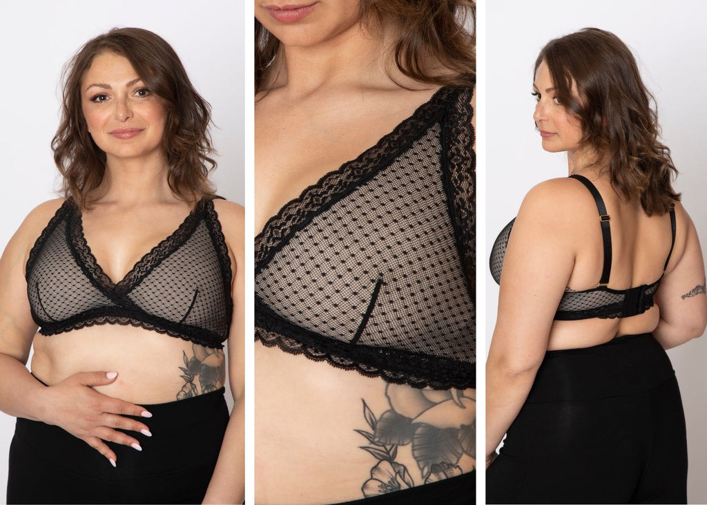 Susan pocketed wrap front lace bralette on implant reconstruction model anaono