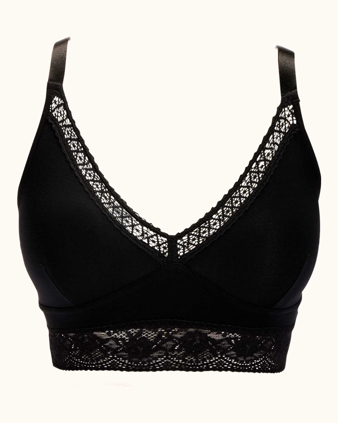 Black, longline pullover bra with a lace trim, soft cups, mesh back, adjustable straps. 