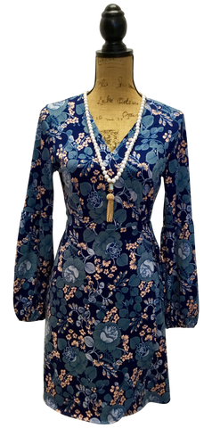 Long Sleeve Navy and Blush Pink Floral Print Wrap Dress