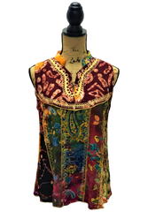 Teramasu Multi-Color and Pattern Sleeveless Top with Mandarin Collar and Embroidered Design