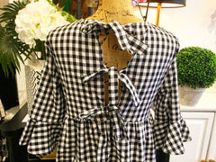 Teramasu Black and White Gingham Plaid Dress with Bow Back and Ruffle Sleeves