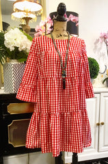 Teramasu Red and White Gingham Plaid Dress with Ruffled Cut and Cropped Sleeves