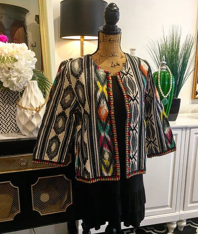 Black and White with Multi-Color Embroidered Boho Design Jacket with Inner Fasteners