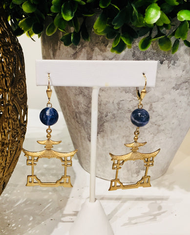 Teramasu Sodalite with Gold Pagoda Drop Earrings