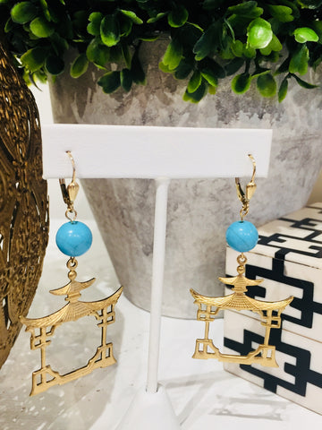 Teramasu Turquoise with Gold Pagoda Drop Earrings