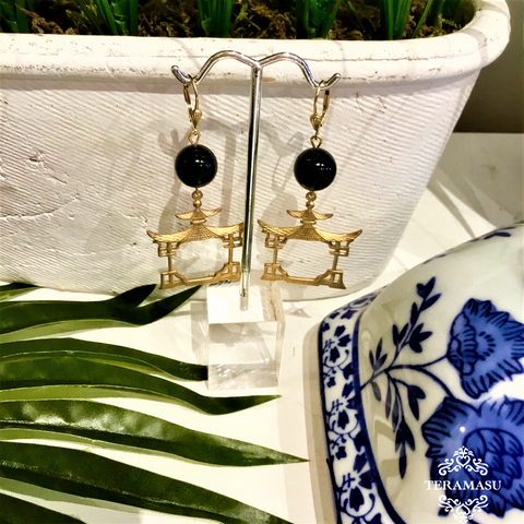 Teramasu Black Onyx with Gold Pagoda Drop Earrings