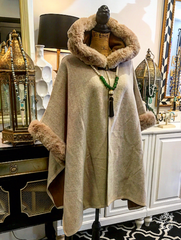 Tan & Cream-Colored Cape with Faux Fur Trimmed Hood and Sleeves