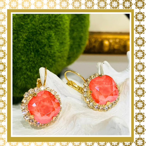 Coral Color Crystal Round Earrings With Crystal Rhinestones Lever Back Gold Plated Drop Earrings