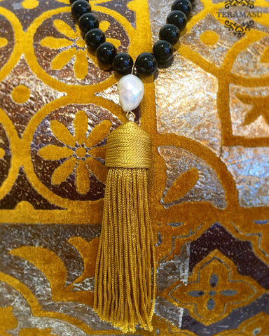 Teramasu Black Onyx with Baroque Pearl and Gold Tassel Necklace