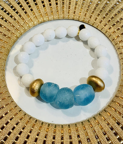 Teramasu White Agate Aqua Blue Glass Bracelet