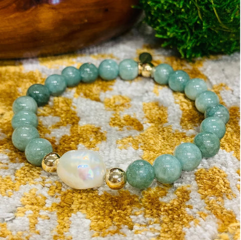 Luxury Baroque Pearl Gratitude Bracelet 14K Gold Filled in Green Jade Love Wisdom Knowledge