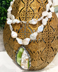 Teramasu Pearl Necklace with Green, White, & Gold Pottery Pendant