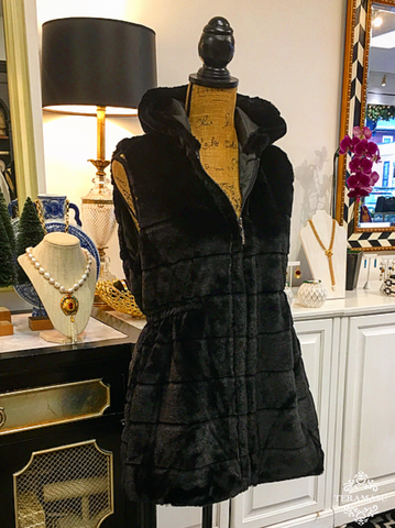  Black Faux Fur Zip-Front Vest with Hood and Cinched Waist