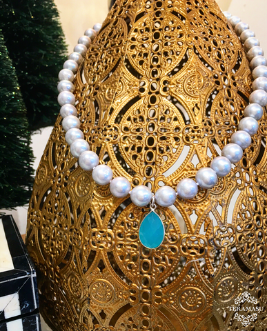  Teramasu Grey Pearl with Aqua Chalcedony Pendant Necklace