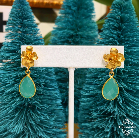 Teramasu Hibiscus Flower with Aqua Green Chalcedony Earrings