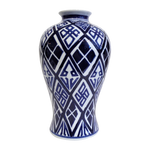 White with Navy Blue Geometric Design Tall Vase