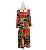 Brown Floral Geometric  Design Ruffle MIDI Dress