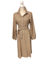 Brown and White Houndstooth Print Long Sleeve Midi Dress with Tie Belt