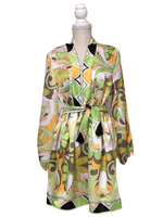 Green Black Yellow Geometric Print Dress with Tie Belt