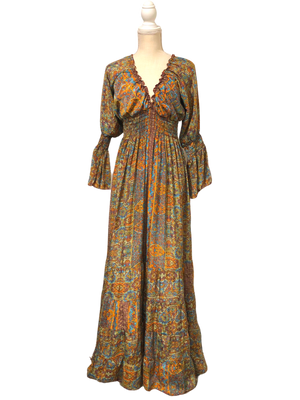 Beautiful Brown Orange Paisley Colorful  Long Sleeve Ruffle V Neck Long Dress One Size