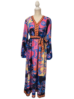 Colorful Multi Color Paisley  Long Sleeve V Neck Midi Dress