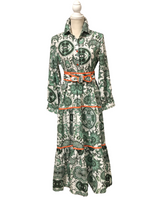 Green White Orange Printed MIDI Ruffle Dress with Tie Belt