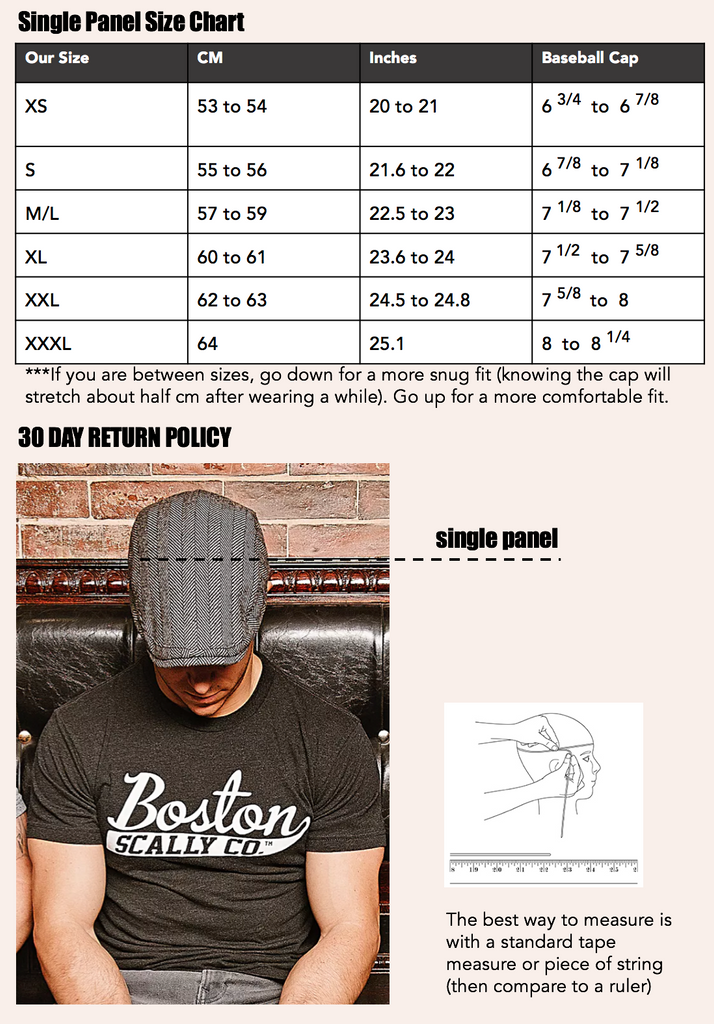 Boston Scally Single Panel Cap Size Guide