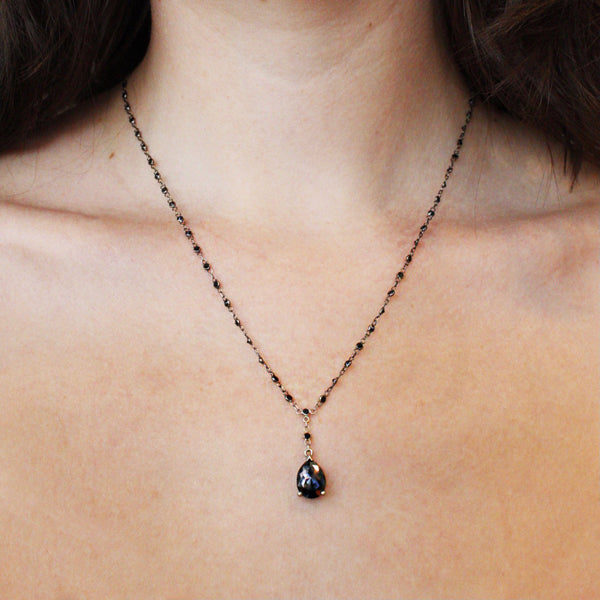 Black Diamond Pear Shape Necklace in White Gold