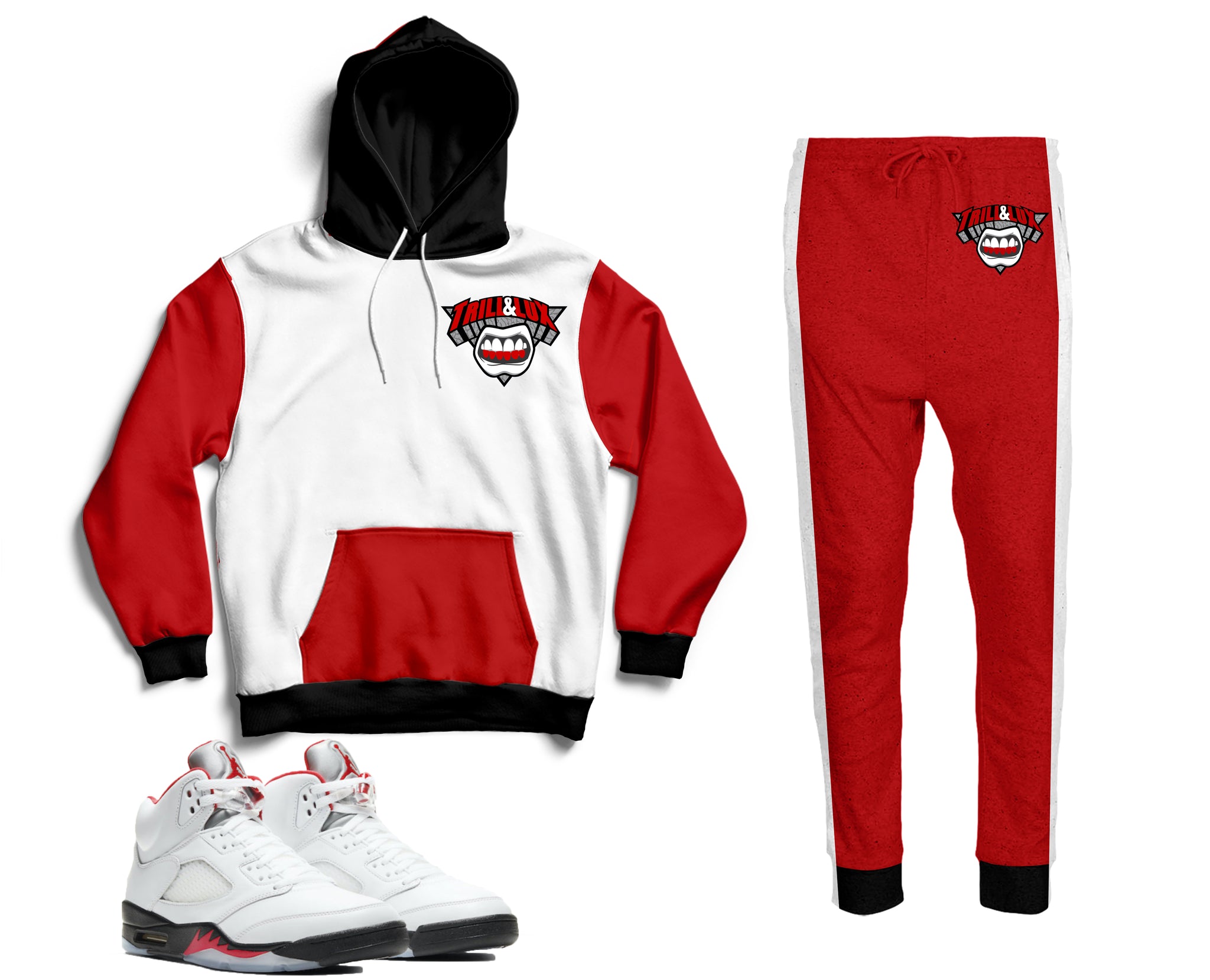Trill & Lux | Air Jordan 5 Fire Red Inspired Jogger and Hoodie Suit