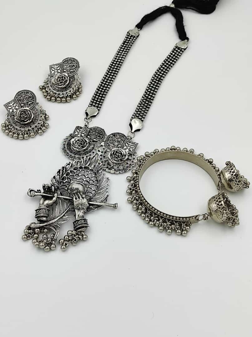 Oxidized Silver Mayur Pankh Pendent Long Necklace And Earring Set ...