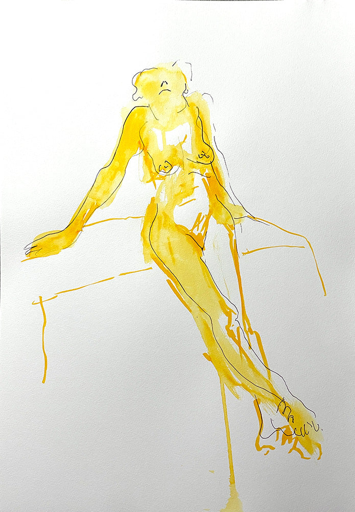 Figure drawing sketch in yellow with uni pin fine line - woman half sitting half standing