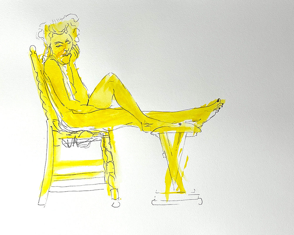 Figure drawing sketch in yellow with uni pin fine line - seated woman with her feet up