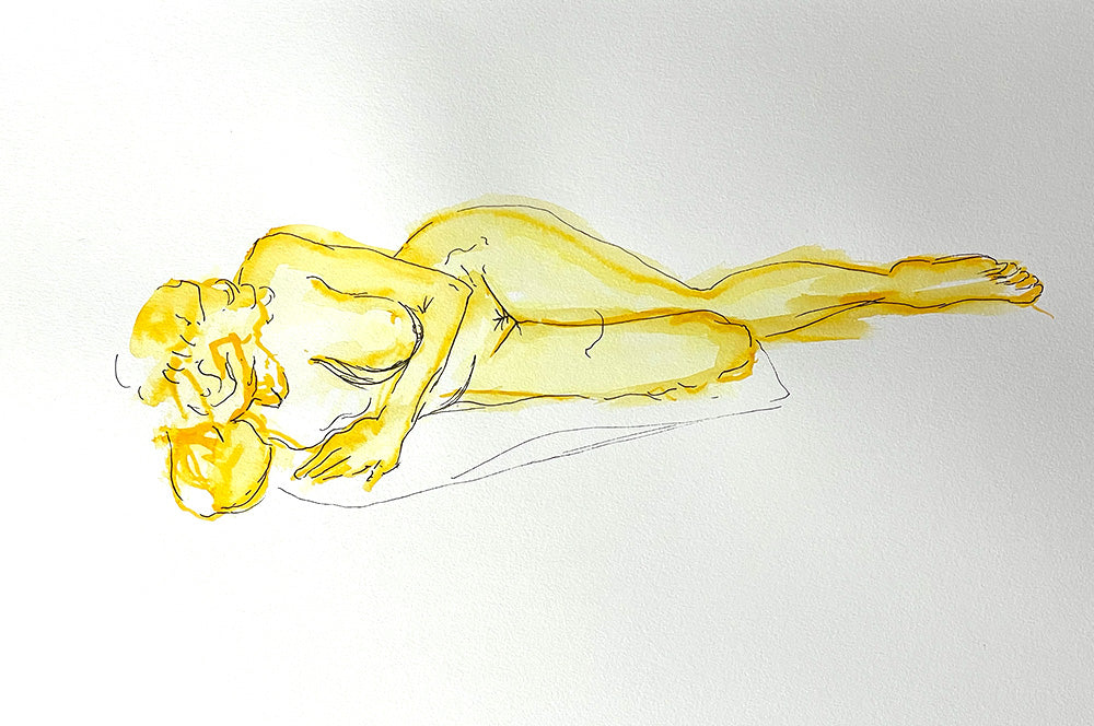 Figure drawing sketch in yellow with uni pin fine line - woman reclining