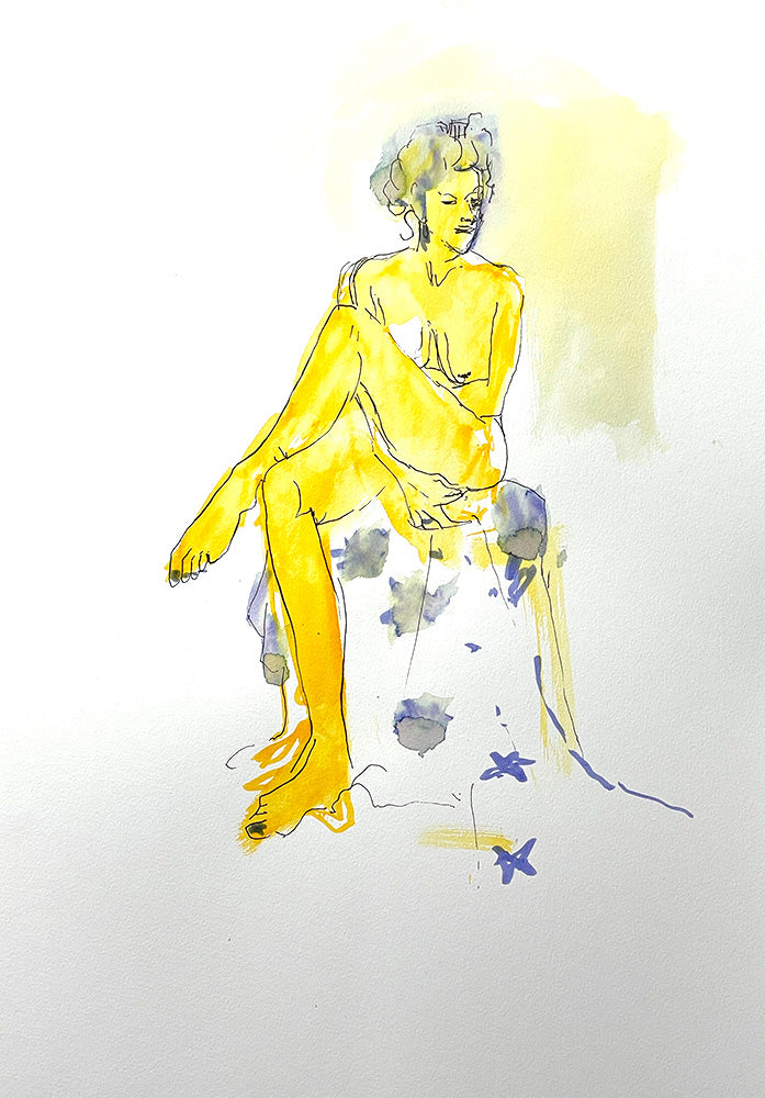 Figure drawing sketch in yellow with uni pin fine line - woman cross legged with butterfly drape