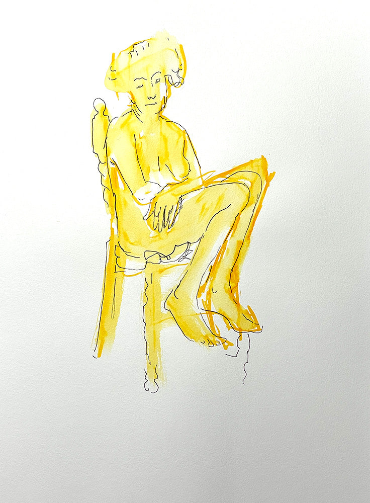 Figure drawing sketch in yellow with uni pin fine line - woman with feet on rung on chair